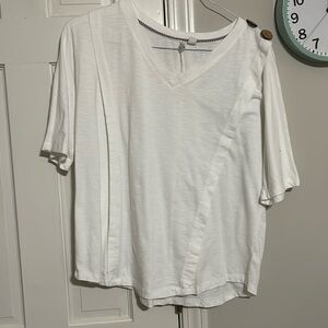 White v- neck t- shirt with buttons on shoulder